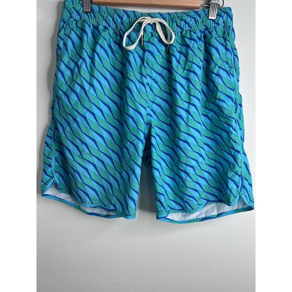 Fair Harbor Mens Blue Green Geometric Wave Swim Trunks Board Shorts Size Large